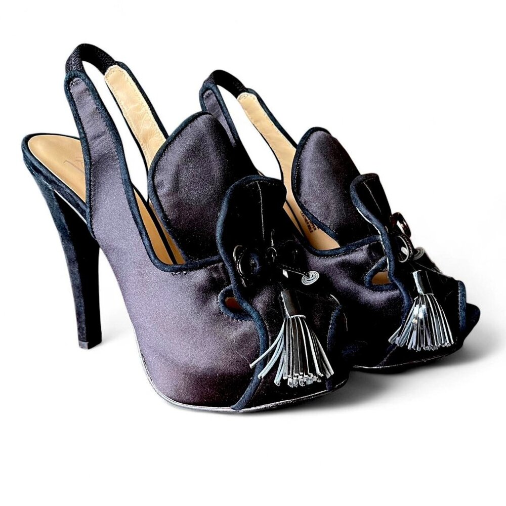 Velvet Angels Black Satin Slingback Tassel Heels